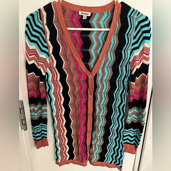NEIMAN MARCUS tropical chevron zig zag stripe spring cardigan NWOT - Picture 1 of 7